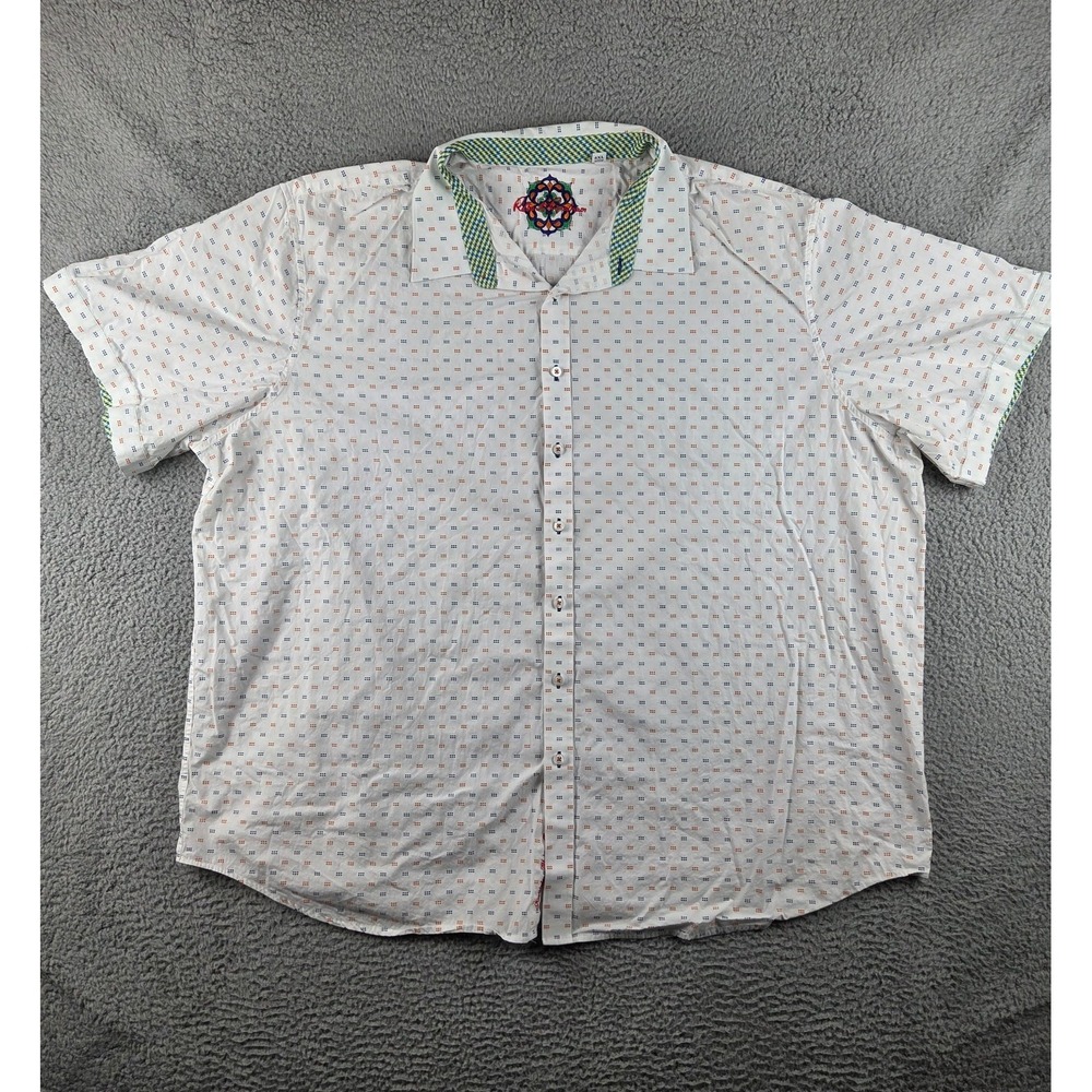 Robert Graham 4XL White Geometric Short Sleeve Cotton Button-Up Shirt